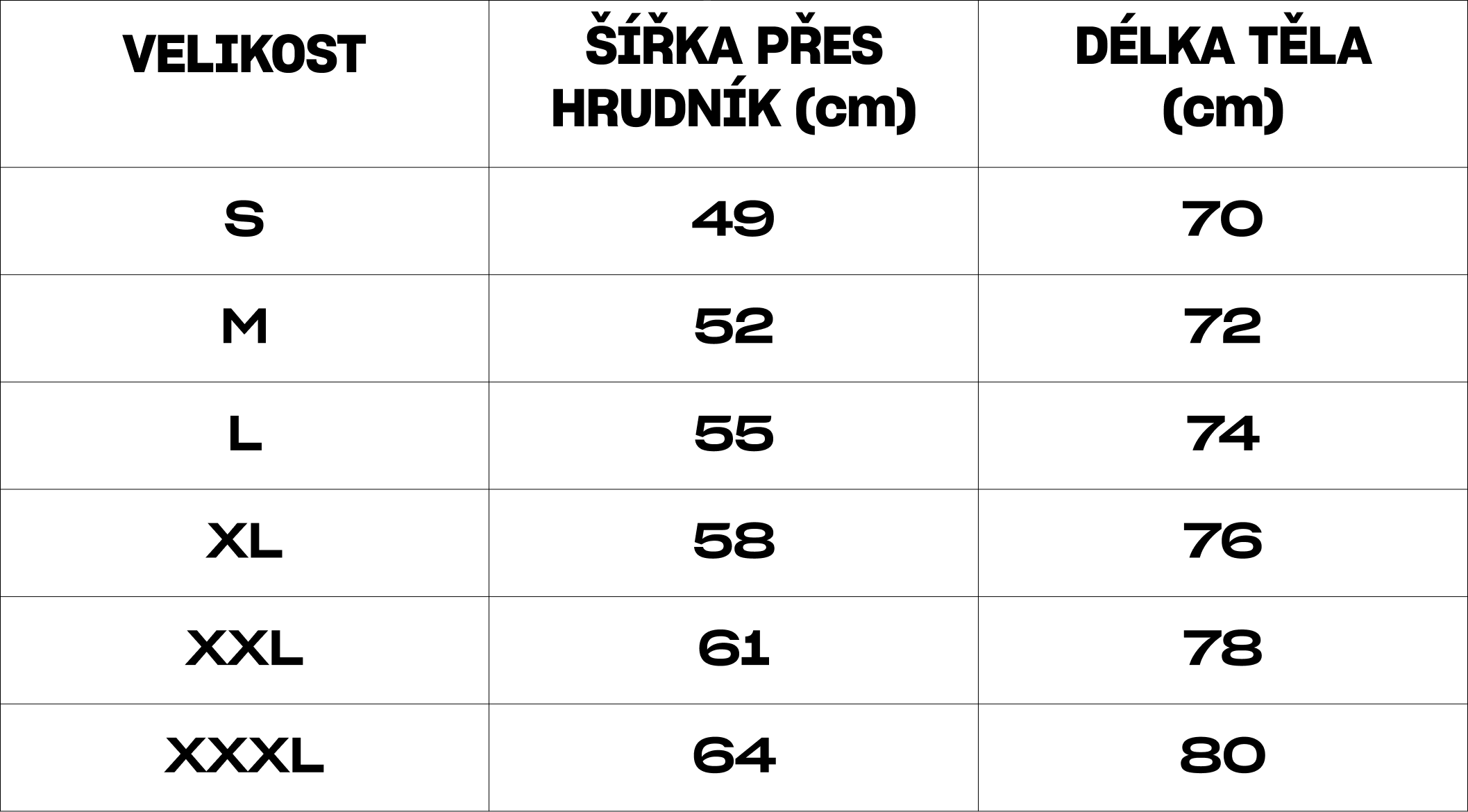 Tabulka velikosti Kariban tilko